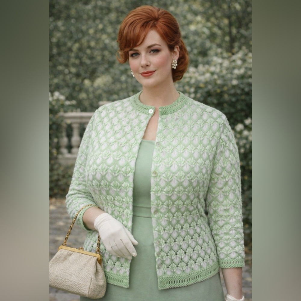 Lane Bryant - vintage 1960’s- Green Textured Knit Cardigan, crochet trim
